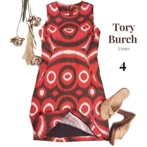Tory Burch Red Cream Brown Linen Dress Sz 4